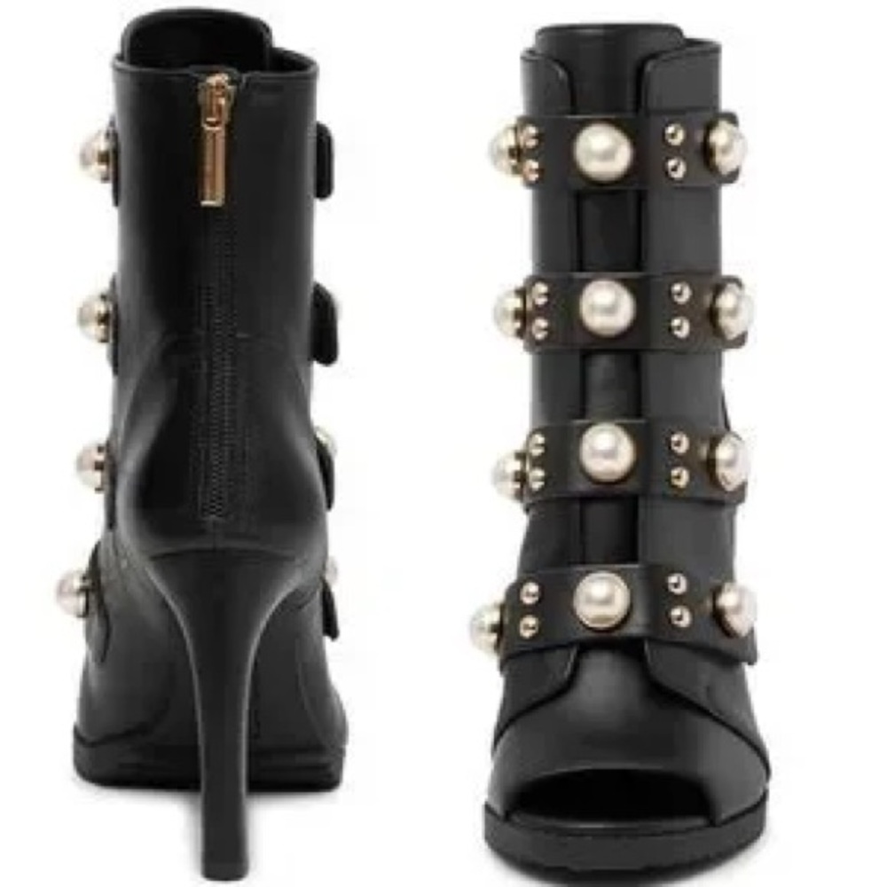 Elegant Black High Heel Boots with Pearl Accents